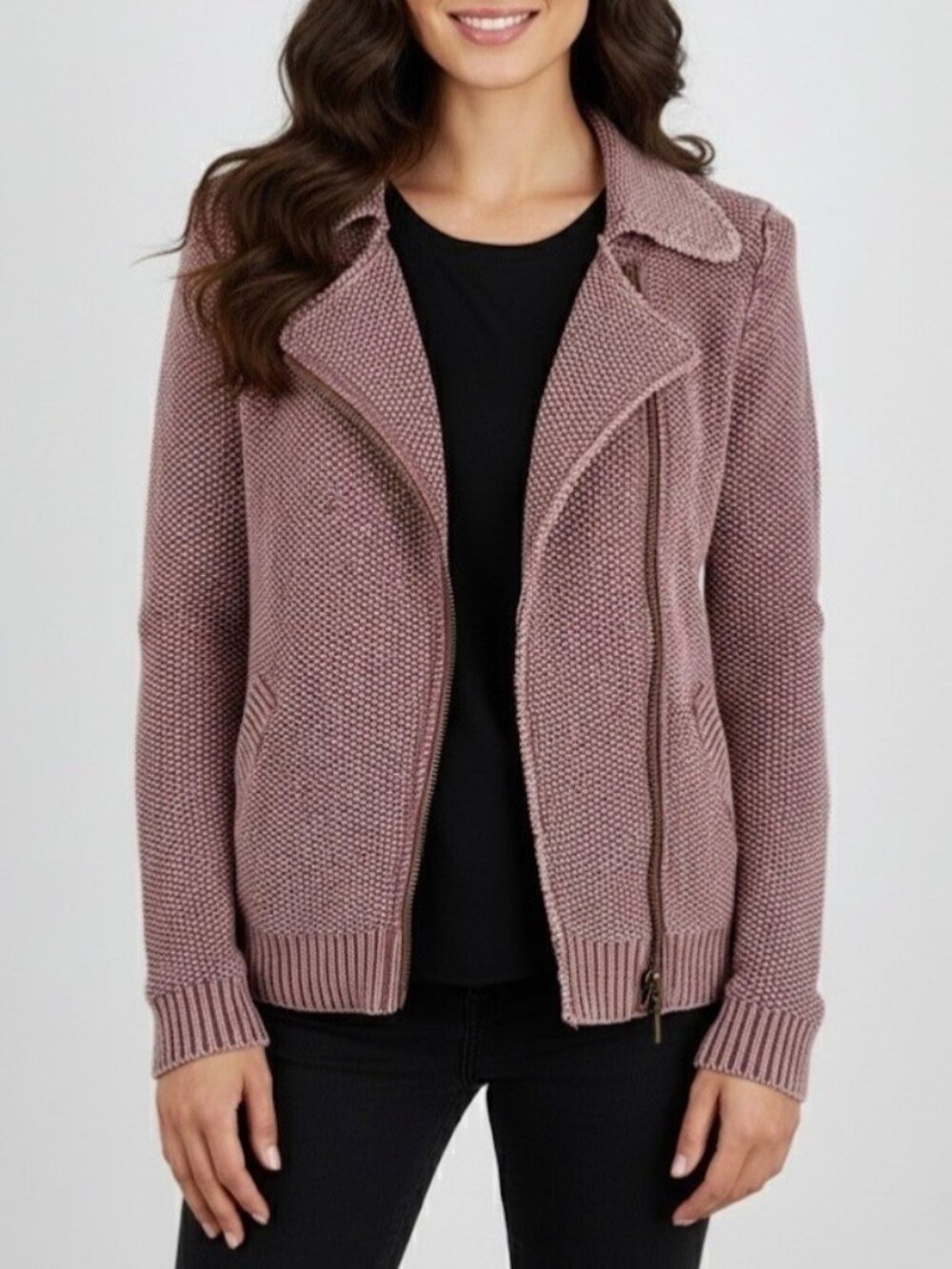 Free People Mauve Knit Sweater Cardigan Moto Jacket M | Boho Grunge Apres Ski